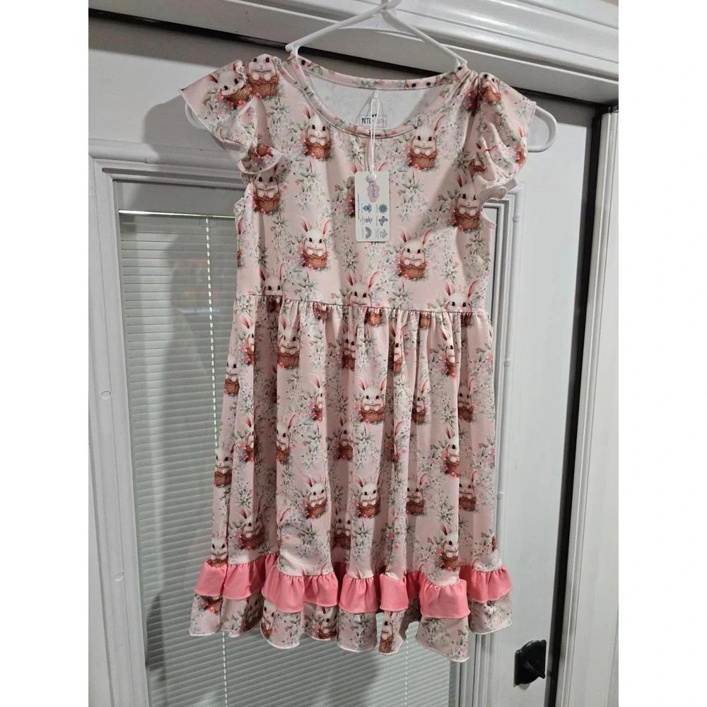 Pete + Lucy Girls Bunny Basket Flutter Sleeve Dress Pink Easter Size 6/6X NWT